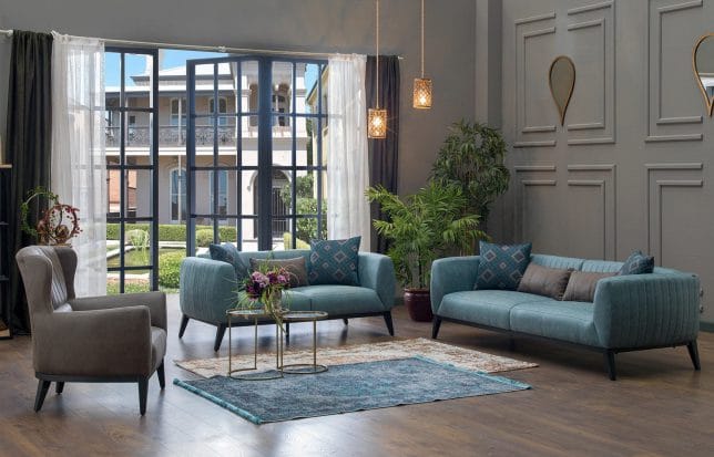 Lofty Aqua Beige Sofa, Love & Chair Set